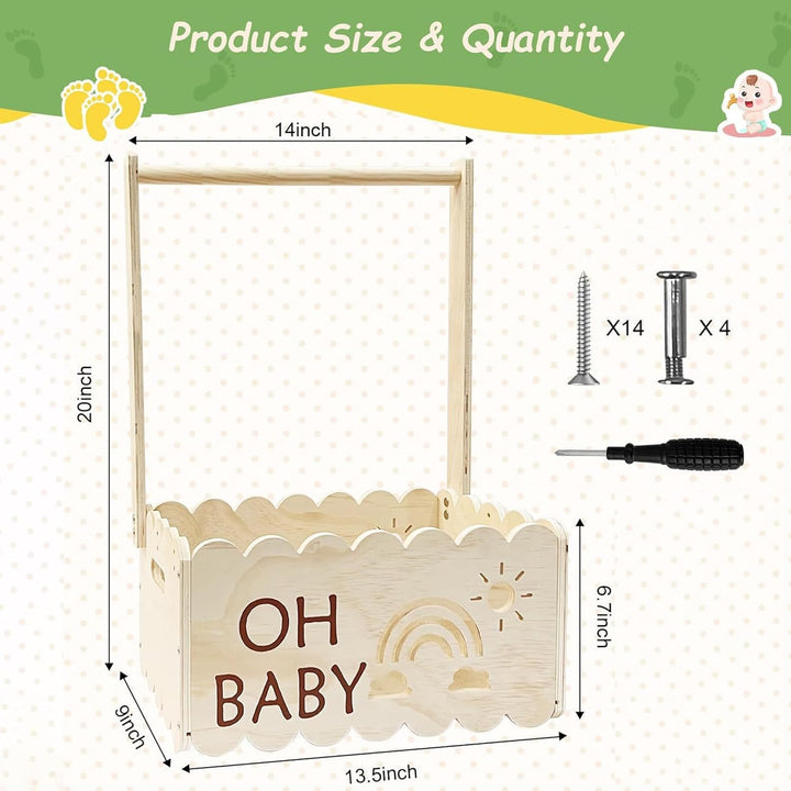 QSLKI Wooden Baby Gift Basket with Handle, Dekorative Baby Duschkorbe, Hohlmuster, Bequeme Aufnahme
