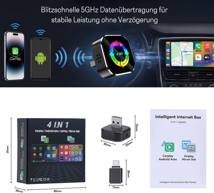 4-in-1 Wireless CarPlay Adapter,Carplay Wireless Adapter Kabelgebunden zu Kabellos für CarPlay &amp; And
