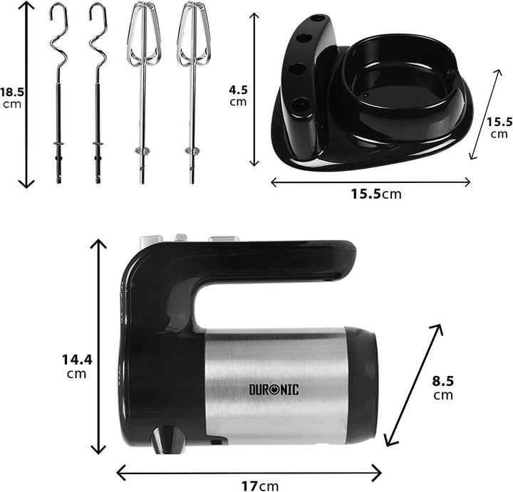 Duronic HM3 elektrischer Handmixer 300W, Handrührgerät mit Basis, Rührgerät 2 Rührbesen 2 Knethaken,