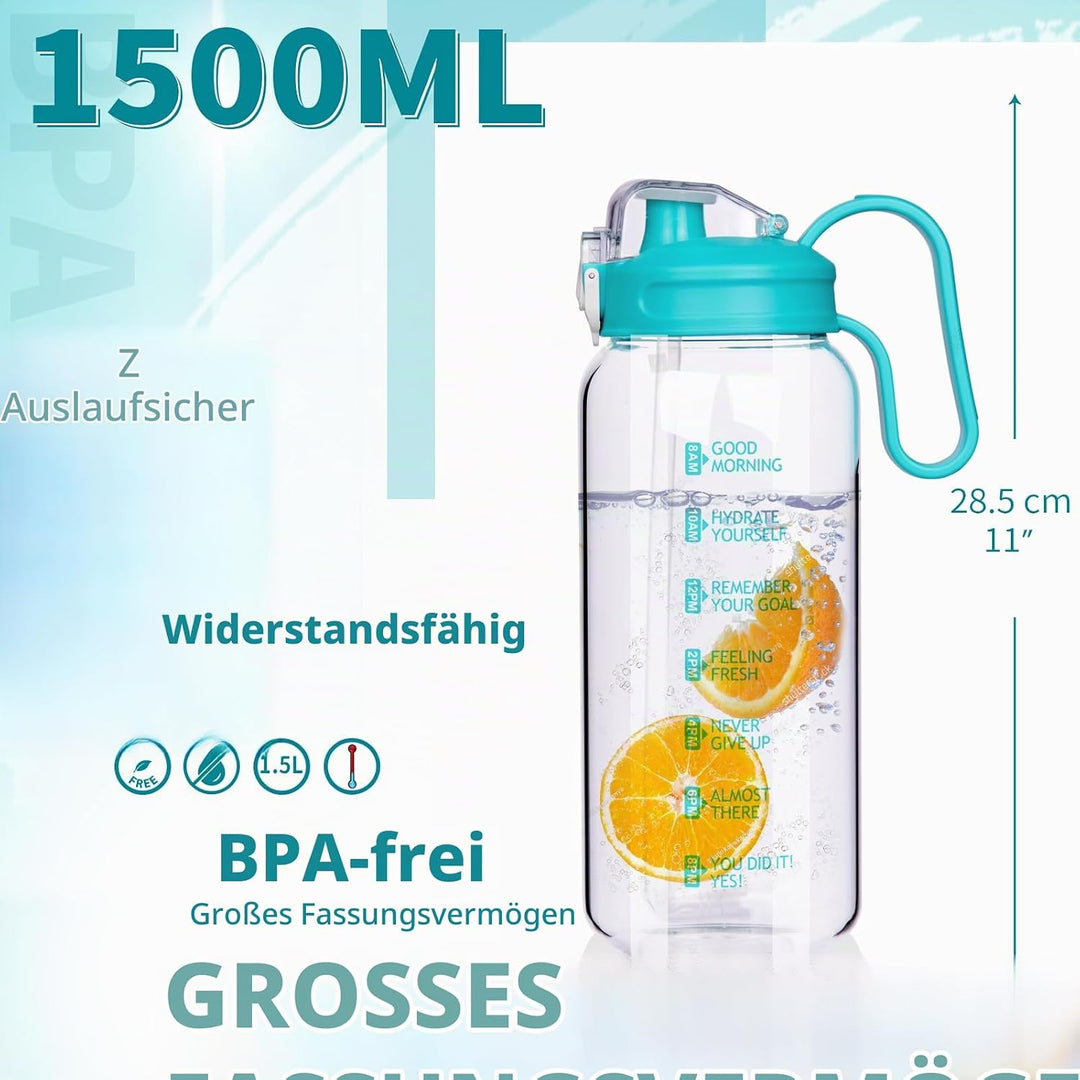 DEARRAY 1.5l Trinkflasche Glas mit Strohhalm &amp; Zeitmarkierung 1.5 liter Grosse Motivation Glasflasch