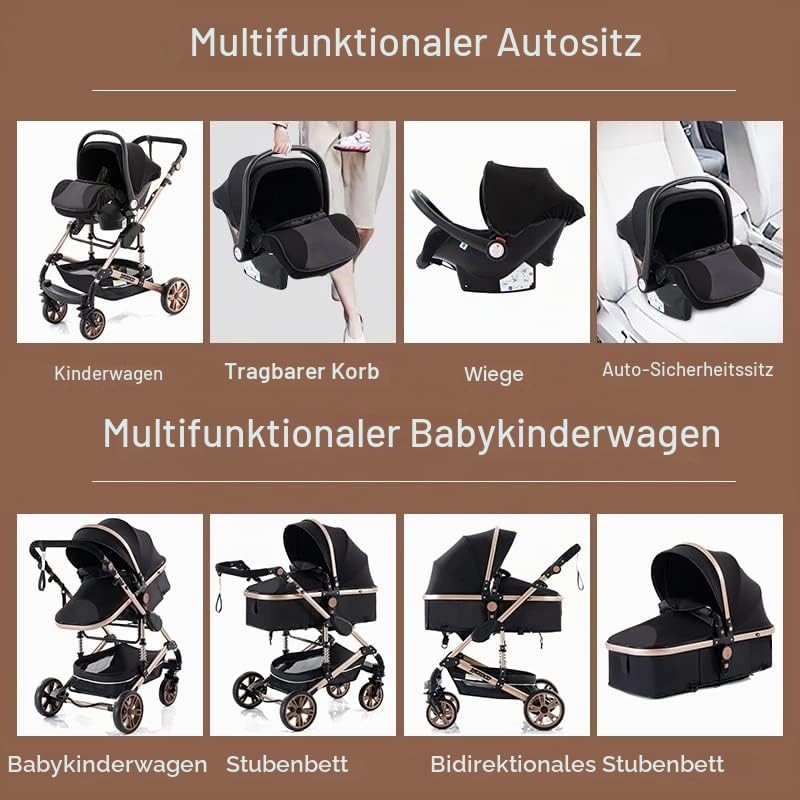 YAZOCO kinderwagen 3 in 1 Buggy Babybett Komplett Set Einem Klick Zusammenklappbarer Kinderwagen, Ko