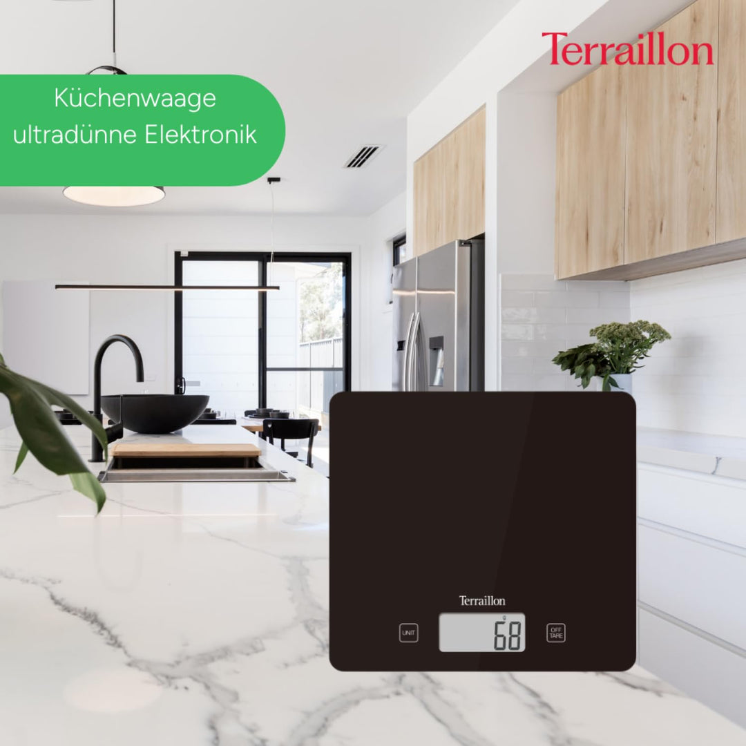 Terraillon Küchenwaage, Mit Tara-Funktion, Flüssigkeitsanzeige, Ultradünn, Bis 3 kg, T1040, Motiv Ba