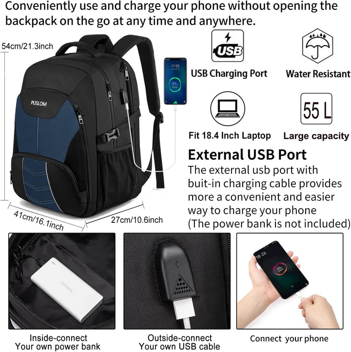 Extra Grosser Rucksack Herren 55L Wasserdicht 18.4 Zoll Laptoptasche Arbeit Laptop mit USB Ladeansch