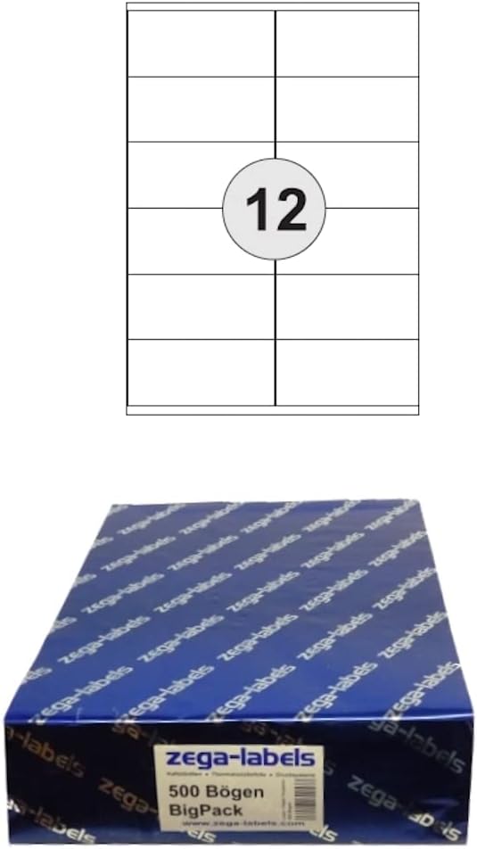 6.000 Etiketten 105 x 48 mm selbstklebend auf DIN A4 Bögen (2x6 Etiketten) - 500 Blatt Bigpack - Uni