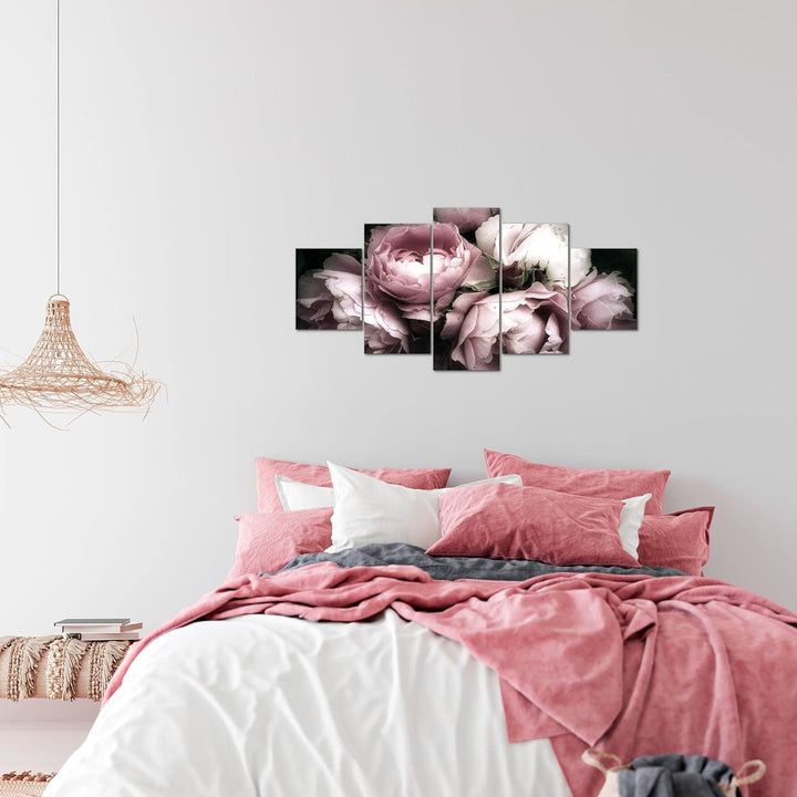 Runa Art Wandbilder Blumen Rosen 5 Teilig Bild auf Vlies Leinwand Deko Wohnzimmer Vintage Schwarz Bu