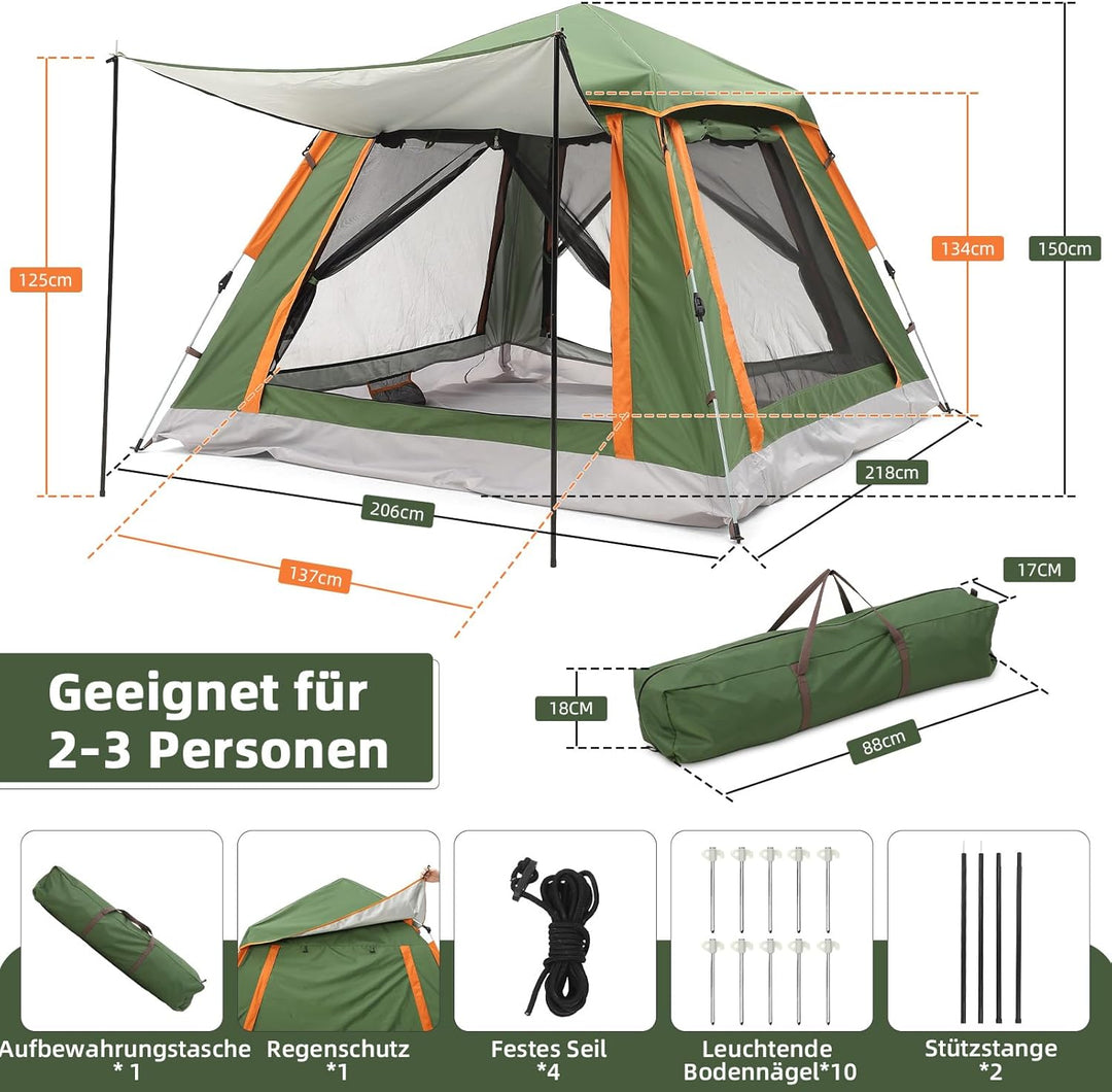 HAUSPROFI Camping Zelt 2-3 Personen Pop Up Zelt Automatisches Wurfzelt, Wasserdicht Winddicht mit Vo