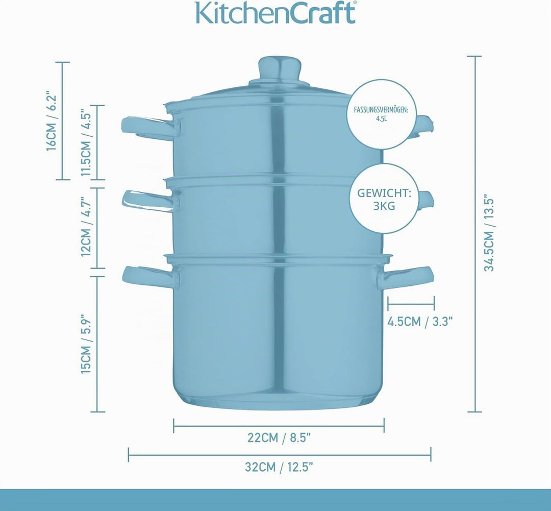 KitchenCraft 3 Kochtopf Set, Dampfgarer/Suppentopf Steamer 3-stufig, Induktionssicher, Edelstahl, in