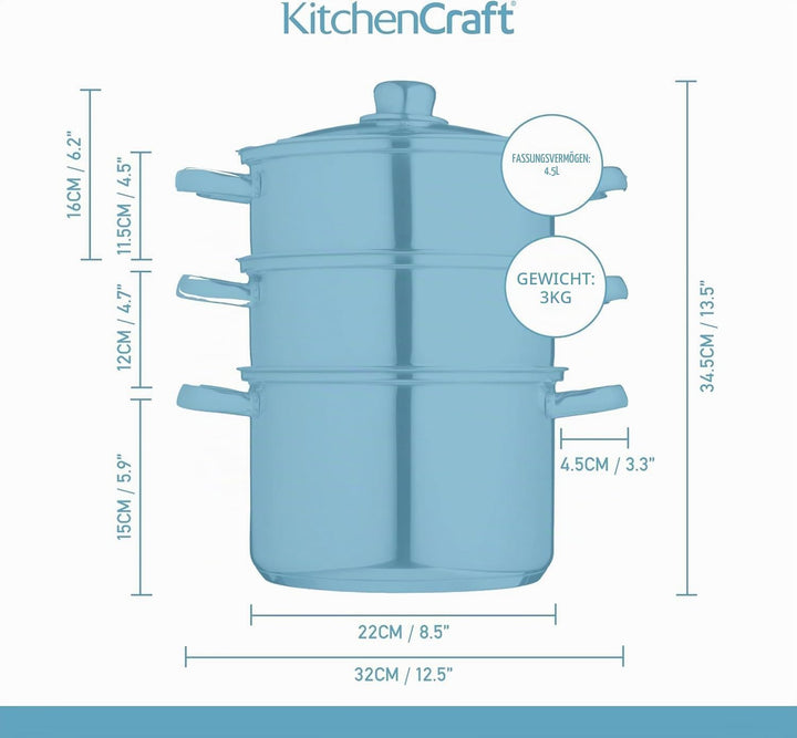 KitchenCraft 3 Kochtopf Set, Dampfgarer/Suppentopf Steamer 3-stufig, Induktionssicher, Edelstahl, in