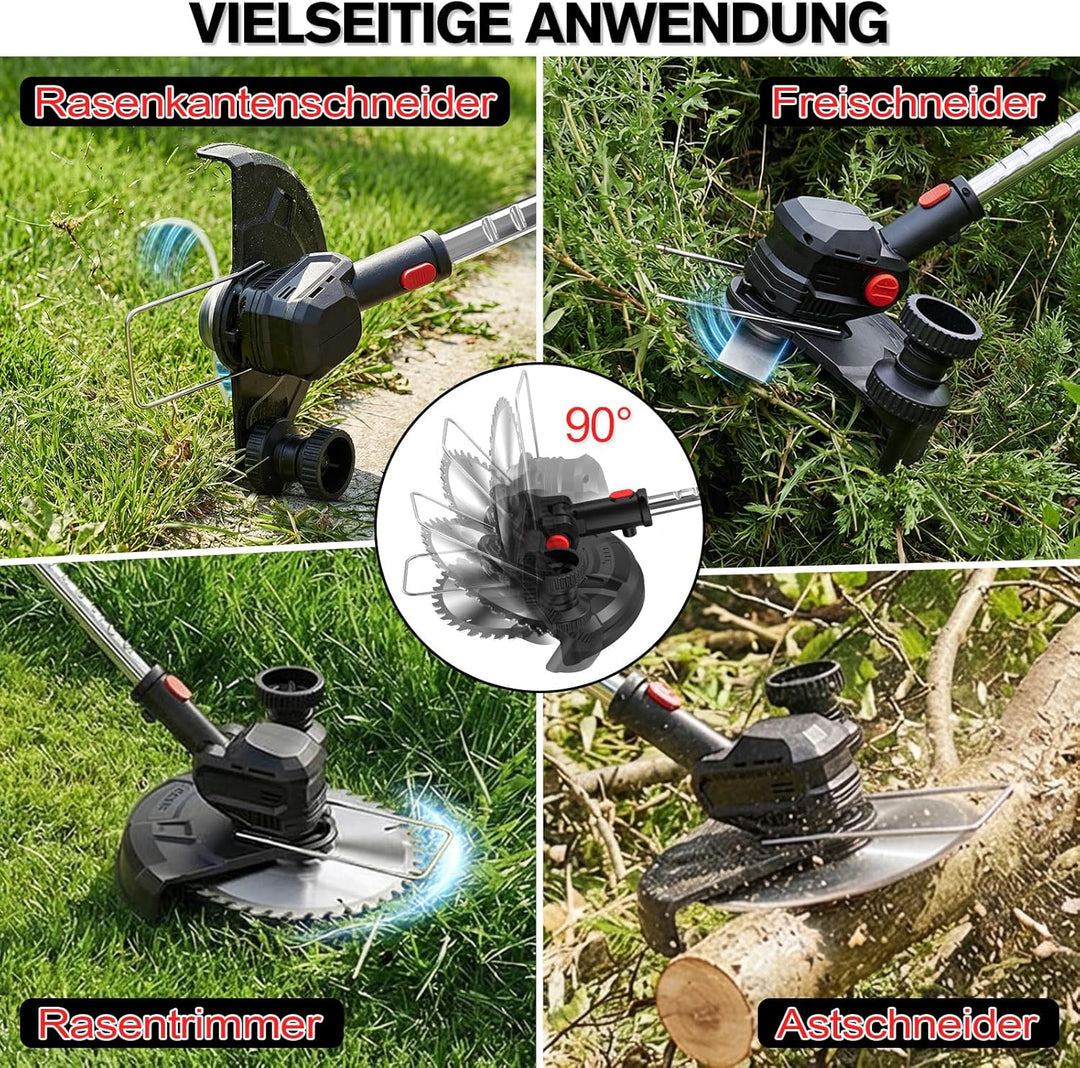 Rasentrimmer mit Akku 21V, 4-in-1 Freischneider & Motorsense 24000 RPM, Rasenkantenschneider inkl. 2