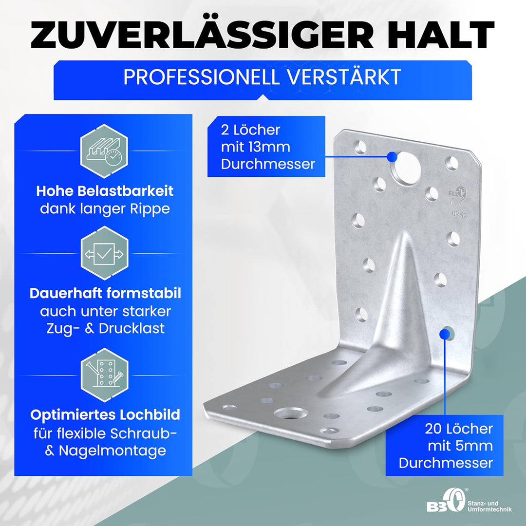 Lochplattenwinkel Winkelverbinder mit Steg 90 x 90 x 65 x 2,5 mm Holzverbinder Bauwinkel Eckwinkel L