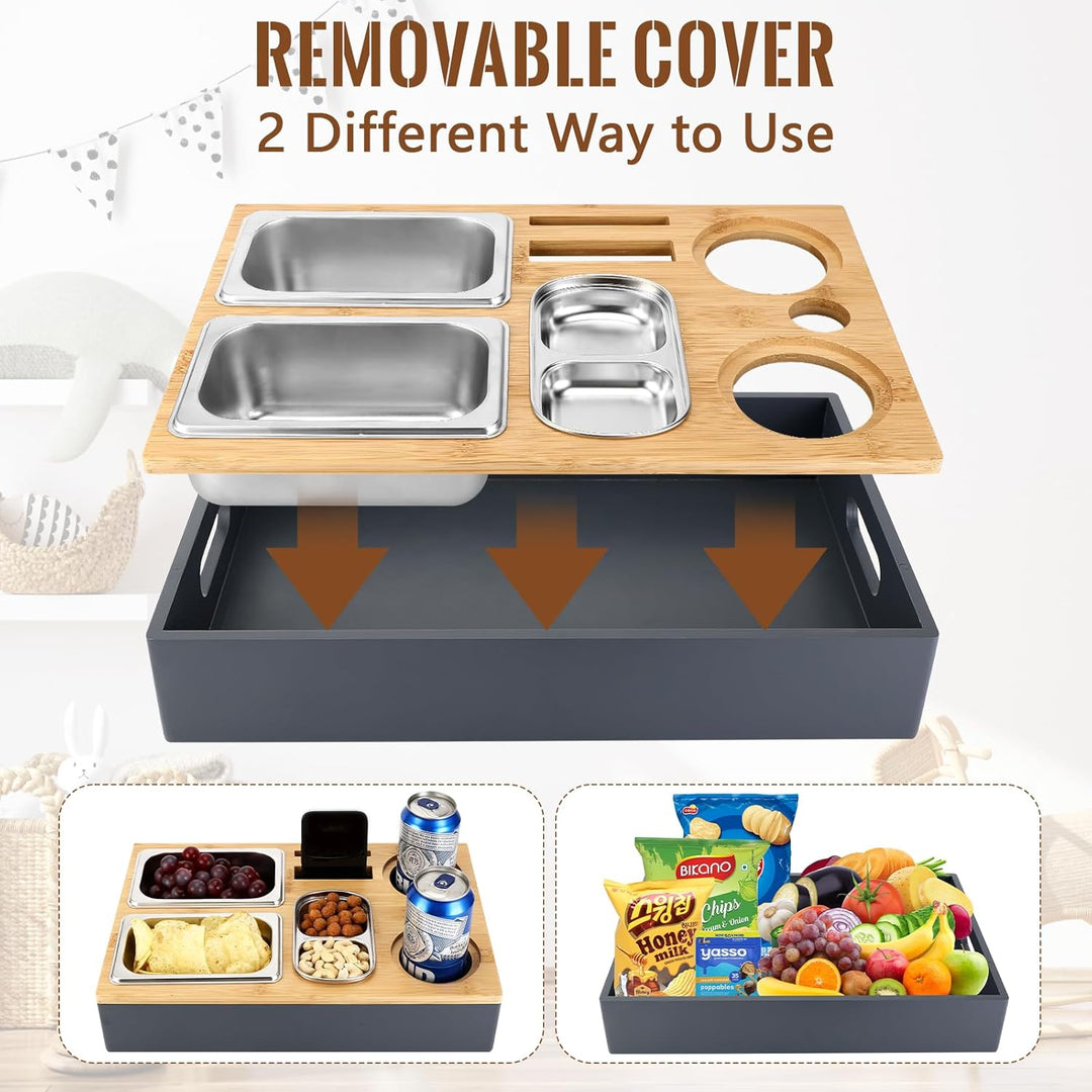 Collazoey Couchbar Snackbox, Mit Snackschalen Aus Edelstahl,mit Abnehmbarer Deckel, Couch Tablett, S