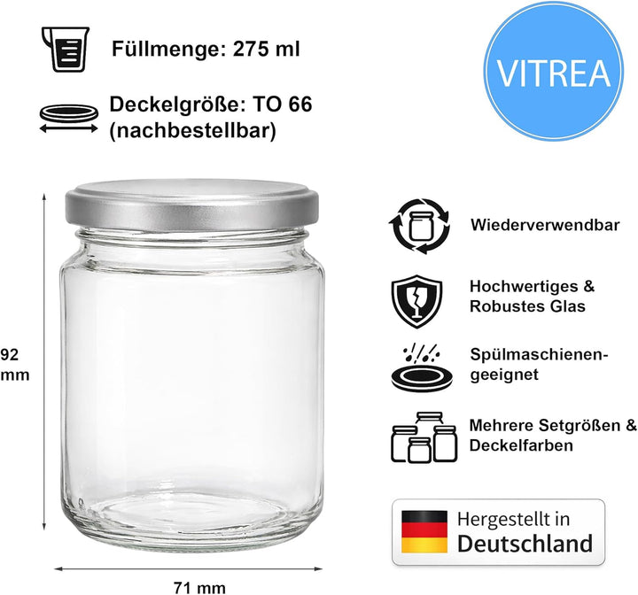 Vitrea 25x Marmeladengläser 275 ml - mit Deckel Silber TO 66 - Einmachgläser zum befüllen mit Schrau
