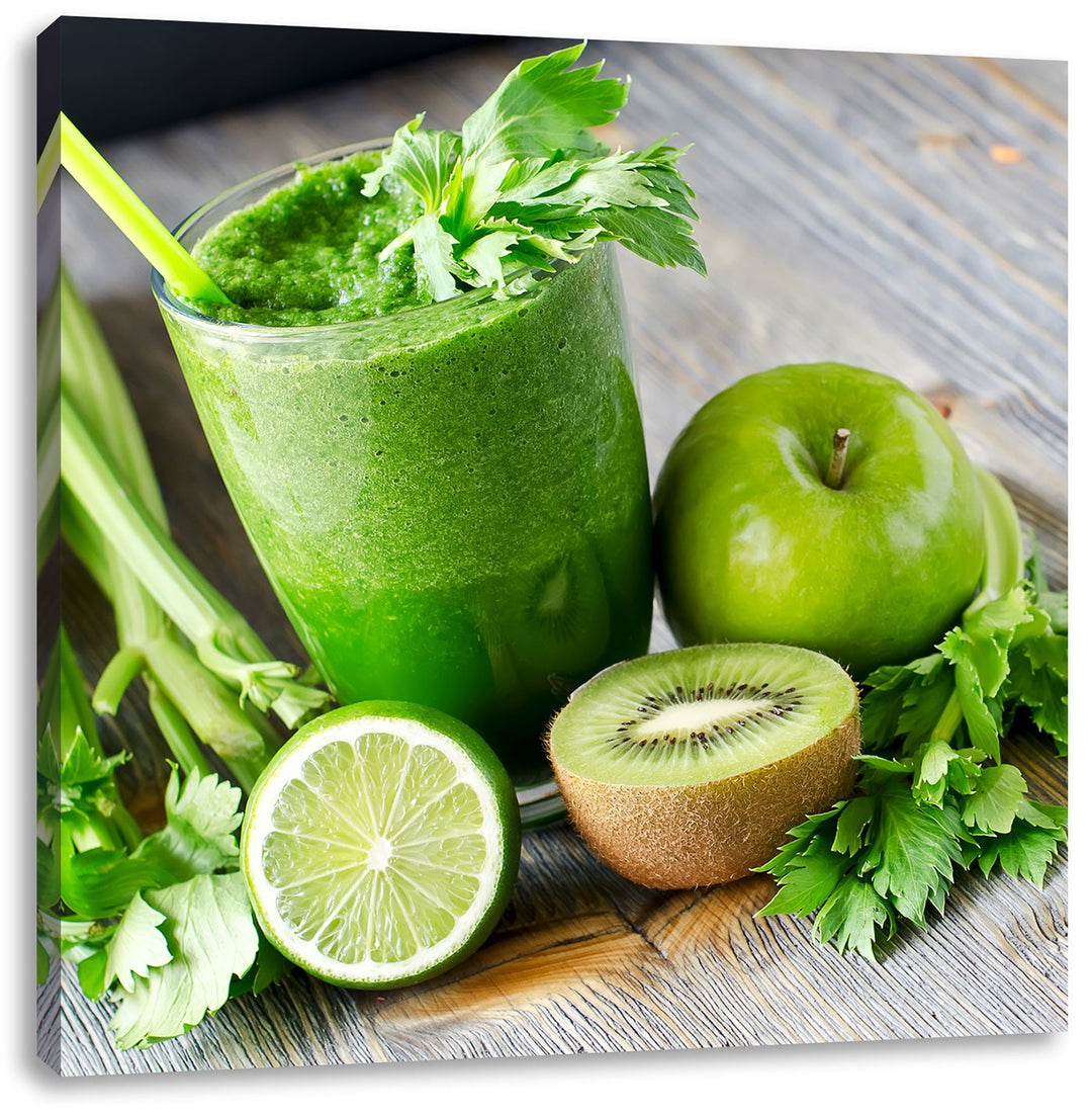 Pixxprint Bio Smoothie Apfel Limette Kiwi als Leinwandbild/Grösse: 70x70 cm/Wandbild/Kunstdruck/fert