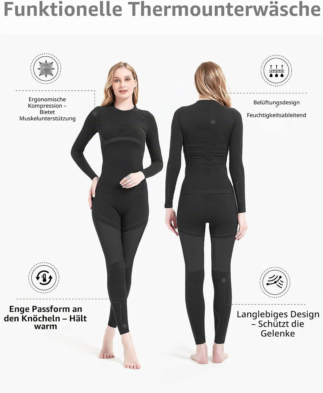 NOOYME Damen Thermounterwäsche, Lange Unterhose für Damen, Basisschicht für kaltes Wetter, Schwarz,