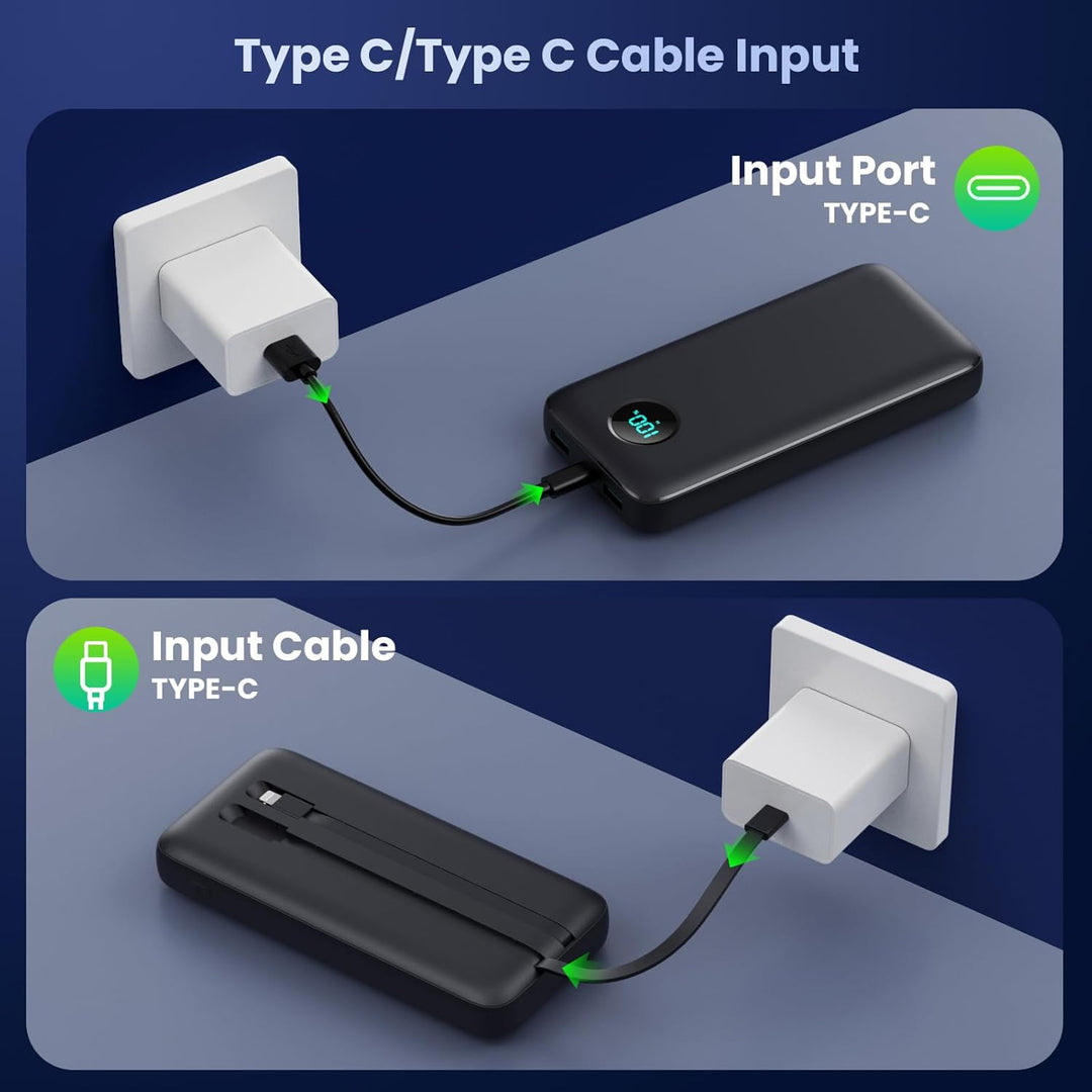 Power Bank USB C mit Kabel 26800mAh, PD 25W QC4.0 Schnellladung Powerbank, 5 Ausgängen Externe Handy