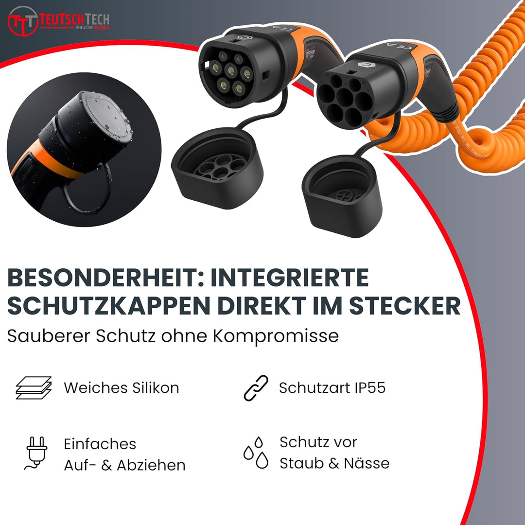TEUTSCHTECH, EV Ladekabel Spiral I Orange I 9M I TYP2 auf TYP2 I 22kW I 3X32A I 3-phasig I Nutzbare