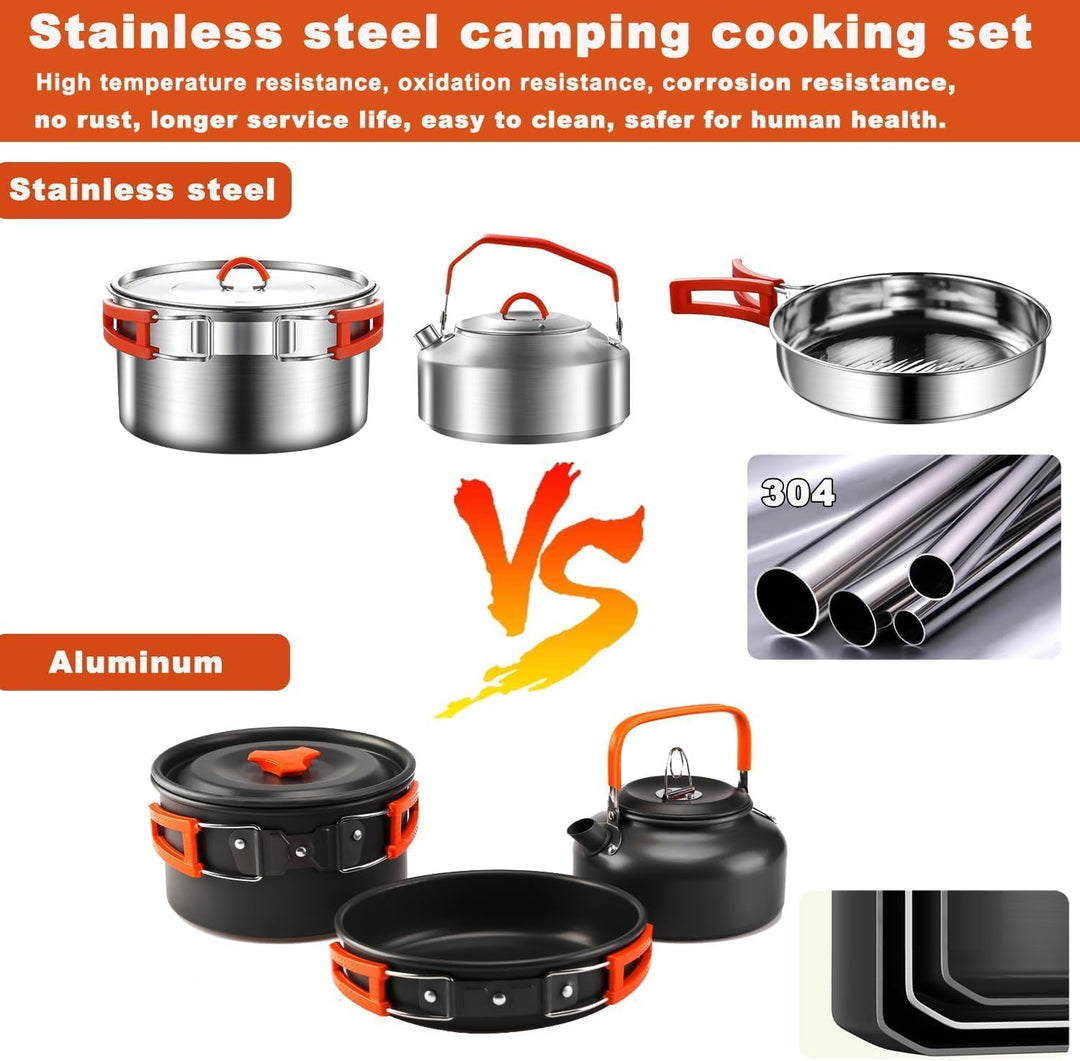 Camping Kochgeschirr Kit, 304 Edelstahl Camping Kochset, Camping Topf und Pfanne Set mit Wasserkoche