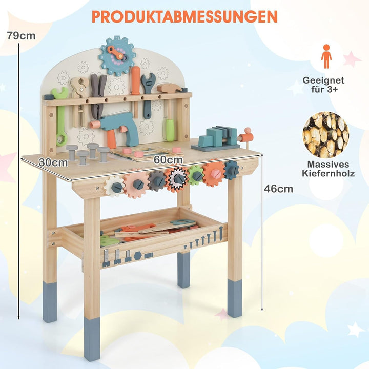 DREAMADE Werkbank Kinder, Werkzeugbank für Kinder aus Holz mit 63 Zubehör, Werkzeug Spielzeug Set mi