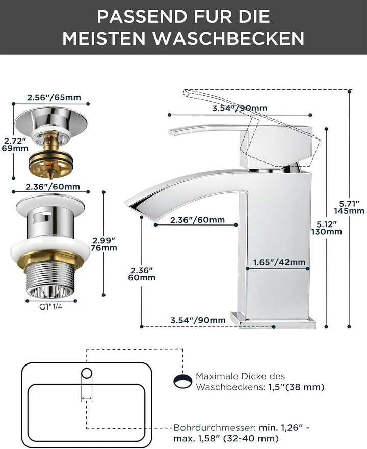 FORIOUS Wasserhahn Bad mit Ablaufgarnitur, Wasserfall Waschtischarmatur mit Auslauf Höhe 60 mm, Misc