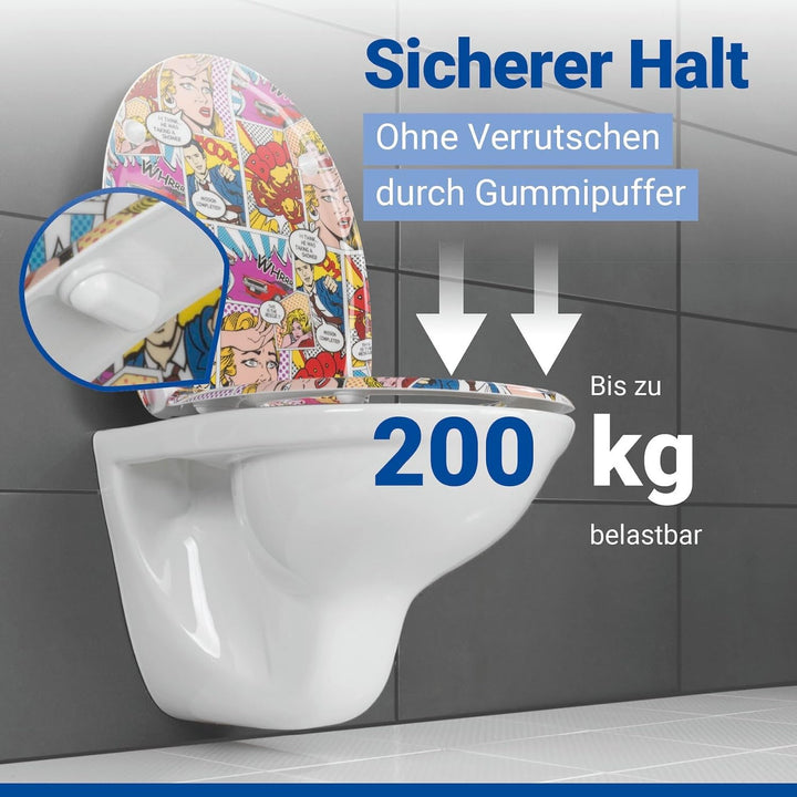 WENKO WC-Sitz Pop-Art, Toilettensitz mit Absenkautomatik, Fix-Clip Hygiene-Befestigung, WC-Deckel au
