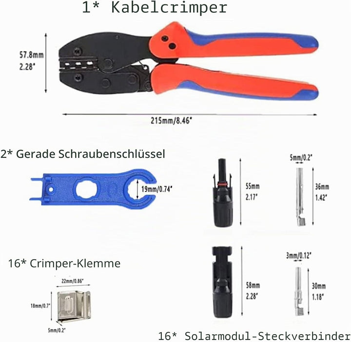 QeeHeng Solar Crimpzange Kit für 2.5/4.0/6.0mm², 1 Stück Solarpanel PV Kabel Crimpzange +16 Paar Mal