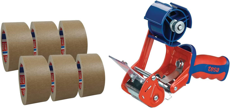 6 Rollen tesa 4713 Papier Packband + tesa 6400 Handabroller | Papierklebeband + Packband Abroller