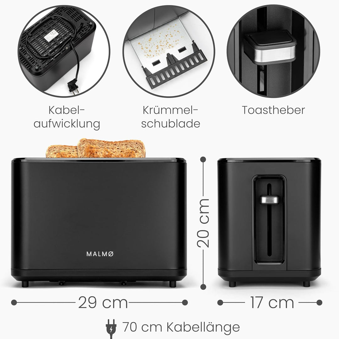 MALMØ Toaster - 900 Watt mit digitalem Timer - Toaster 2 Scheiben - mit Brötchenaufsatz - matt schwa