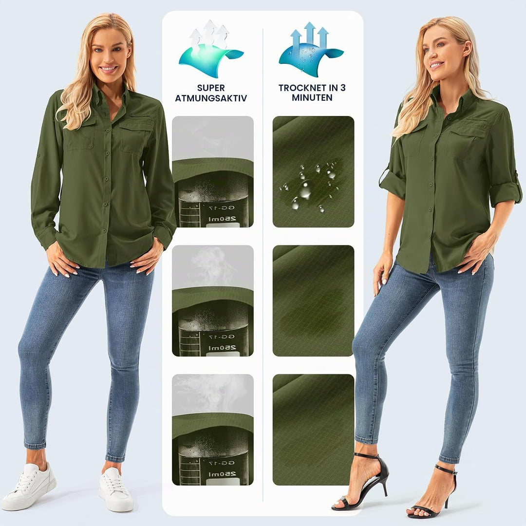 Asfixiado Damen Hemdbluse UV Shirt UPF 50+ Safari Kleidung Wanderbluse Damen Outdoor Cooling Quick D