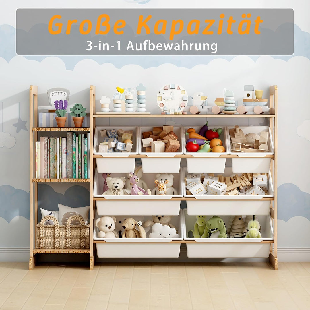 Spielzeug-Organizer mit 4 Regalen und 8 Behältern, Kinderschrank Holz Bücherregal für Kinder Aufbewa