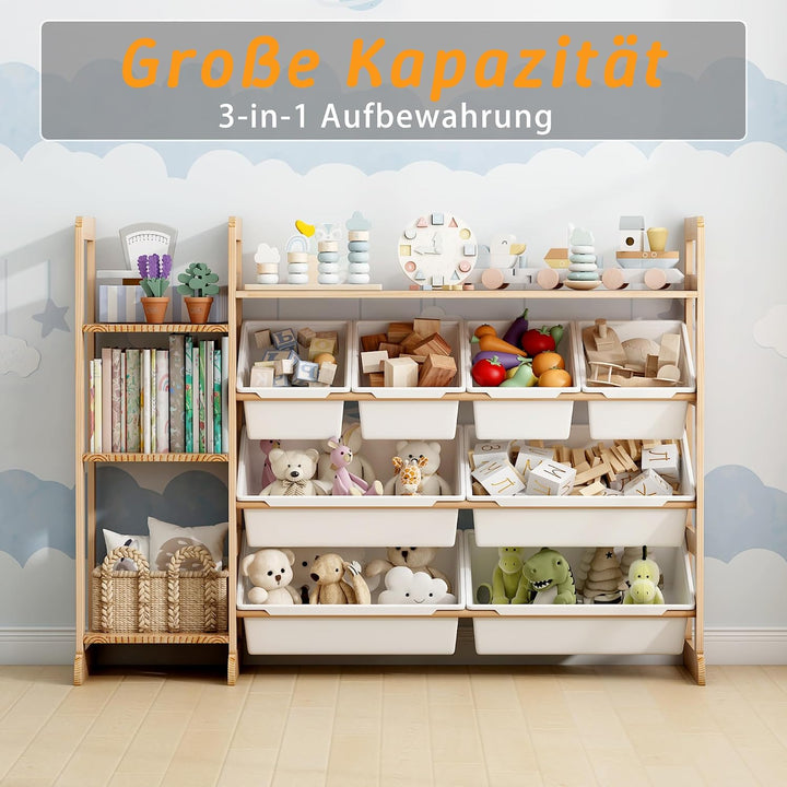 Spielzeug-Organizer mit 4 Regalen und 8 Behältern, Kinderschrank Holz Bücherregal für Kinder Aufbewa