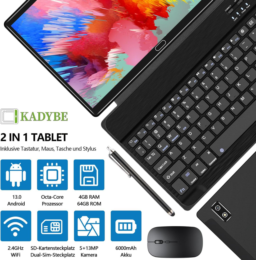 KADYBE 2024 Neueste Android 13 Tablet 10 Zoll,2-in-1 Tablet Mit 2 SIM Slots 1 SD, 64GB ROM TF 512GB,