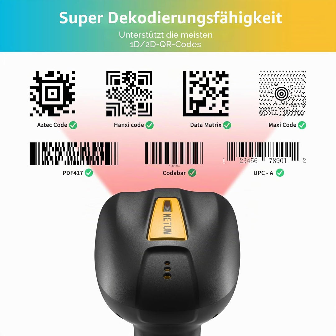 NETUM Verbesserter QR Industrie Bluetooth Barcode Scanner mit Ladestation, kabelloser 2D-1D-Barcode-