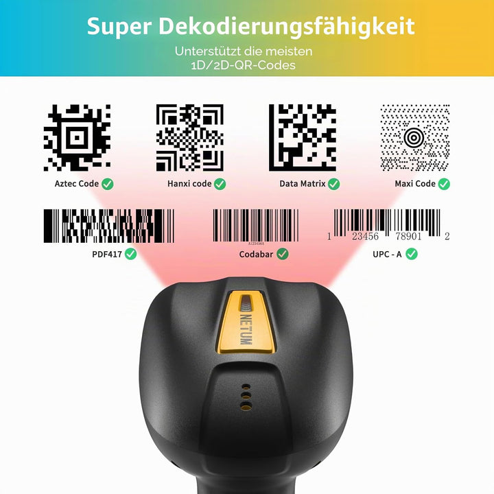 NETUM Verbesserter QR Industrie Bluetooth Barcode Scanner mit Ladestation, kabelloser 2D-1D-Barcode-