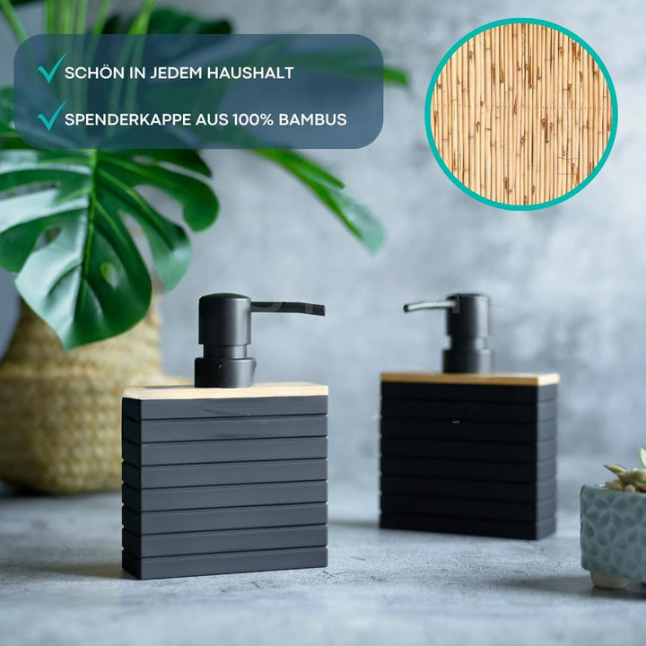 BUDDLEY Seifenspender Bamboo Schwarz, 2er Set Spülmittelspender für Küche & Bad, Freistehend Schwarz