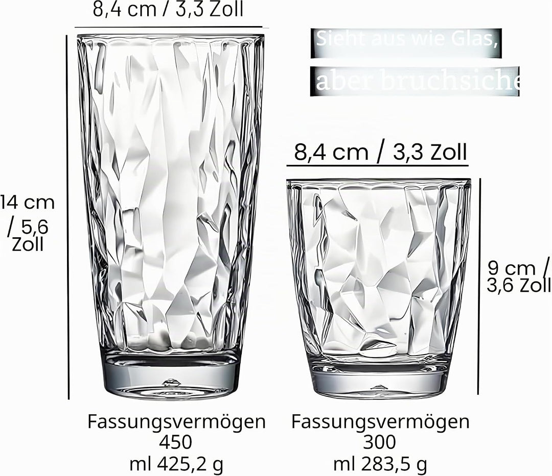 VEILEDGEM [aussehen wie Glas] 300 ml Set mit 6 Kunststoff-Trinkgläsern, spülmaschinenfest, BPA-frei,