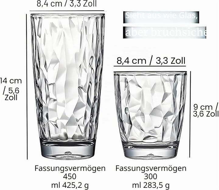 VEILEDGEM [aussehen wie Glas] 300 ml Set mit 6 Kunststoff-Trinkgläsern, spülmaschinenfest, BPA-frei,
