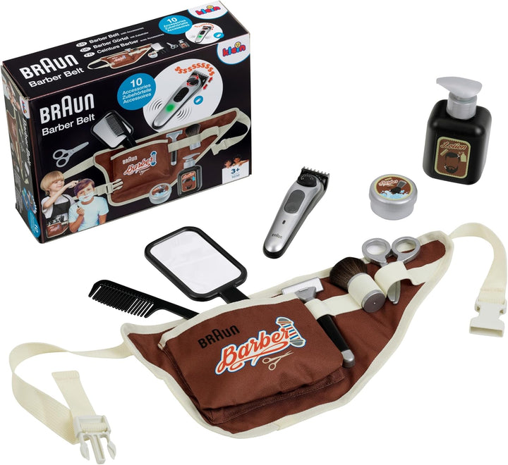 Theo Klein 5838 Braun Barbier-Set I Bauchtasche mit vielen Barber-Shop-Utensilien I Elektrischer Spi