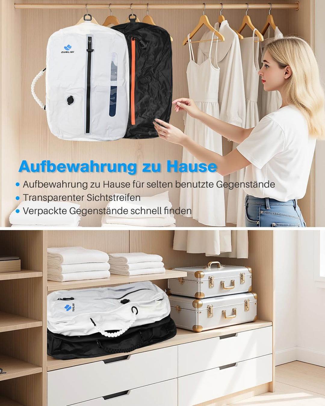Zurligi Vakuumbeutel Reise Set mit Pumpe, wiederverwendbar, reissfestes Nylon, wasserdichter Vakuum-