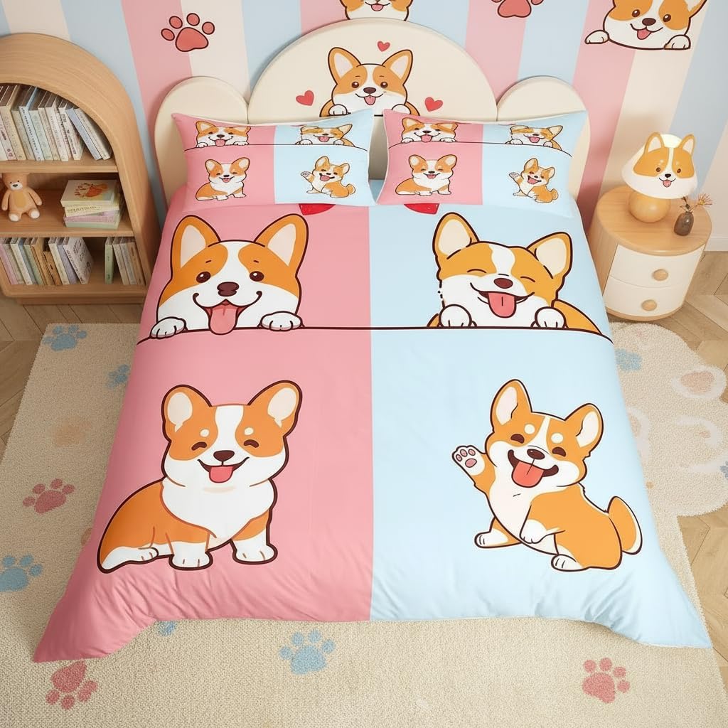 feelingyou Kinder Cartoon Hund Bettwäsche-Set Lächelndes Hündchen Corgi Faily Pet Bettwäsche Set 135