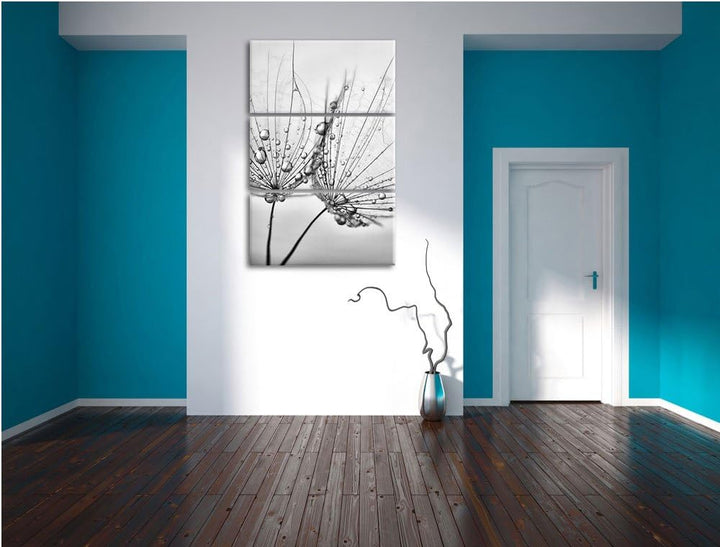 Pixxprint Monocrome, Pusteblumen mit Tautropfen 3-Teiler Leinwandbild 120x80 Bild auf Leinwand
