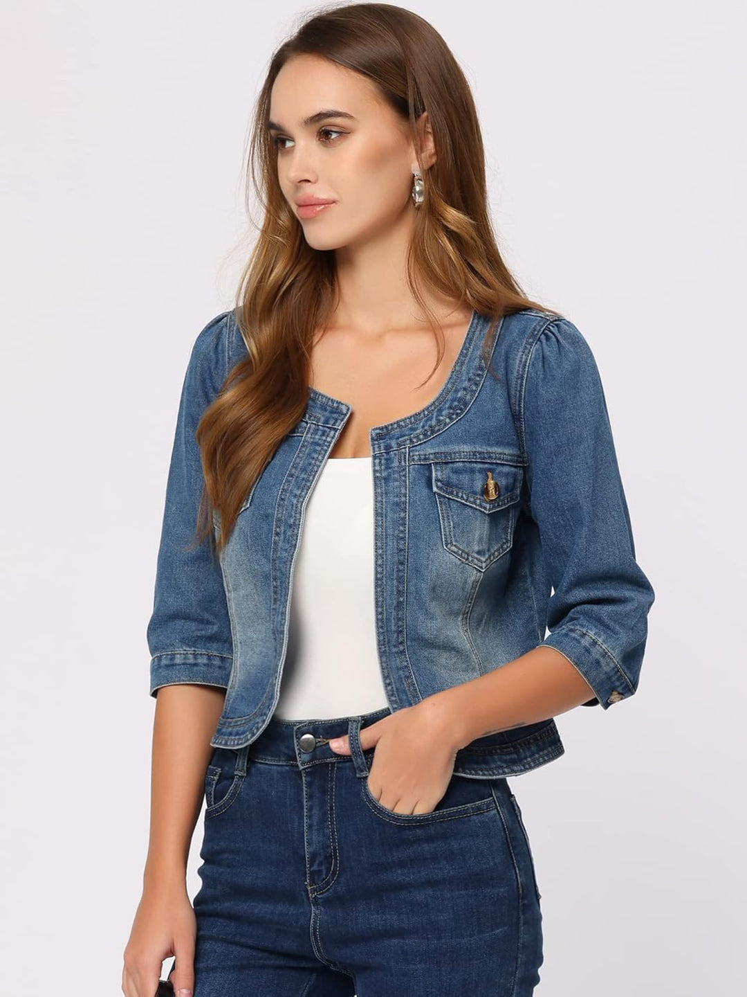 Allegra K Damen Jeansjacke 3/4 Ärmel Open Front Kragenlos Jacke mit Taschen XL Blau, XL Blau