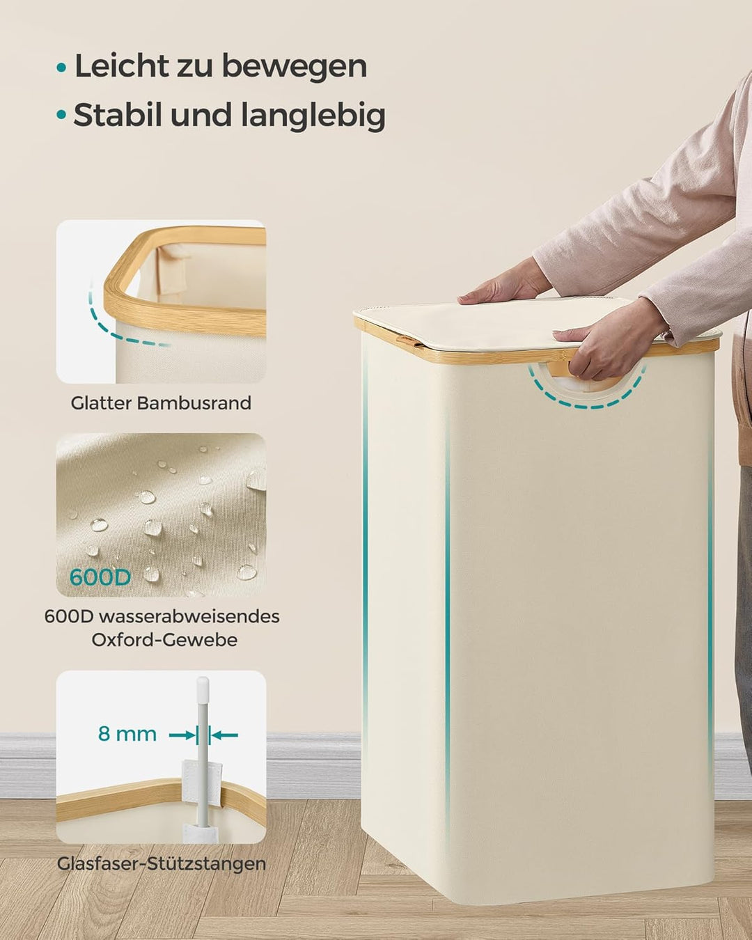 SONGMICS Wäschekorb mit Deckel, Wäschesammler mit 3 Fächern, 150 L, herausnehmbarer Wäschesack, Oxfo