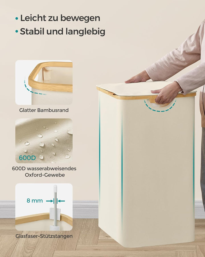 SONGMICS Wäschekorb mit Deckel, Wäschesammler mit 3 Fächern, 150 L, herausnehmbarer Wäschesack, Oxfo