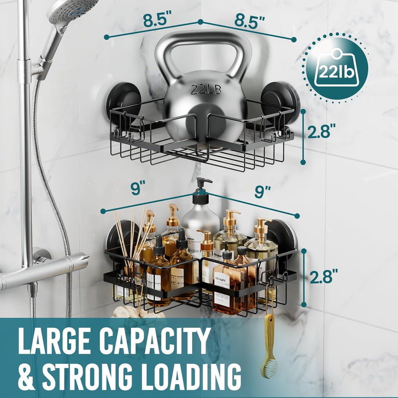 TAILI Duschablage Ohne Bohren,Einstellbar Ecke Dusche Caddy Saugnapf 2er Set Dusche Zubehör mit Hake
