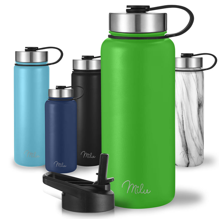 Milu Edelstahl Trinkflasche 500ml 750ml 1000ml (+3 Deckel) - Thermosflasche mit Strohhalm, Isolierte
