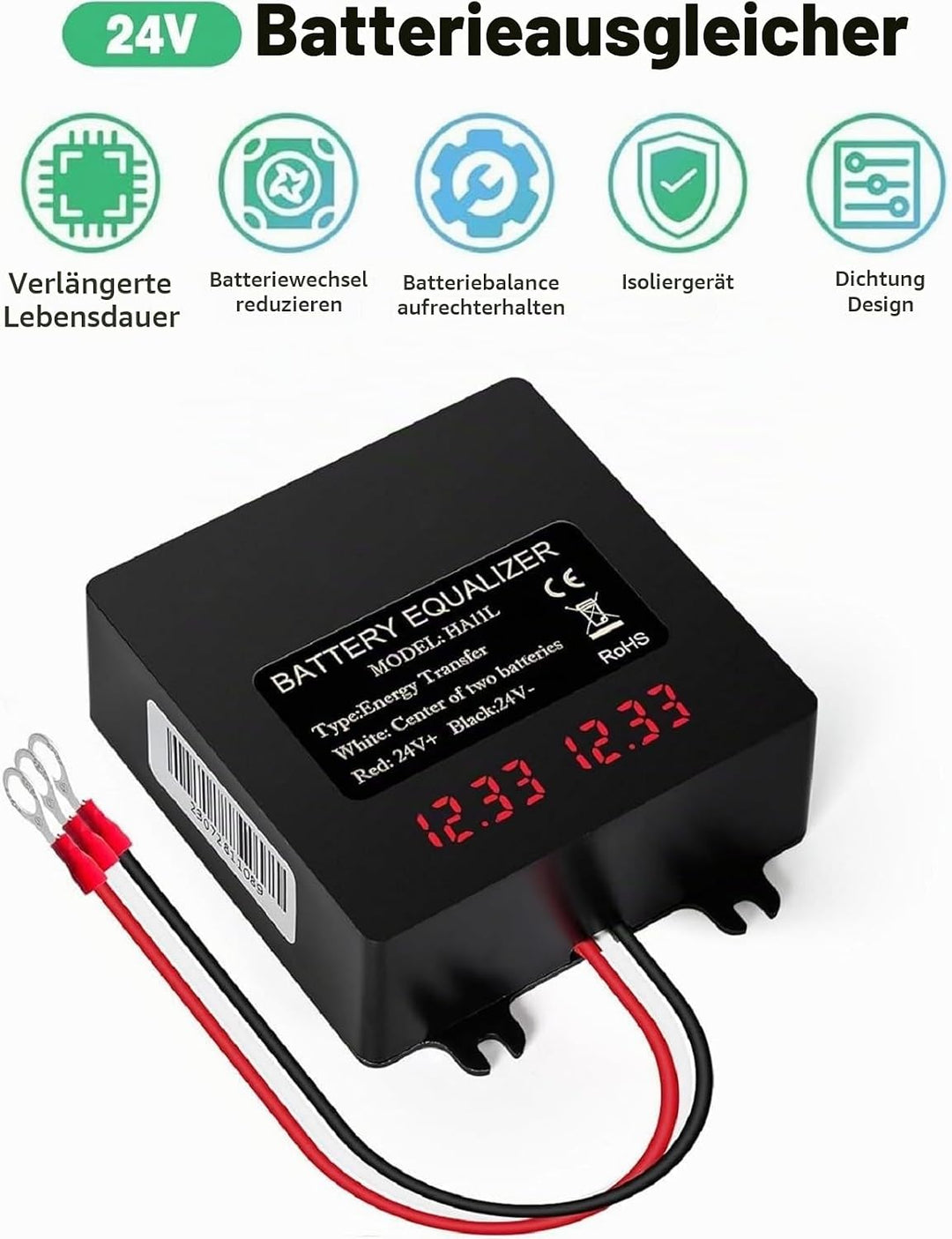 DEWIN Batterie-Balancer, Batterie-Equalizer 24V Digitalanzeige 2 x 12V Batterie-Balancer for Blei-Sä