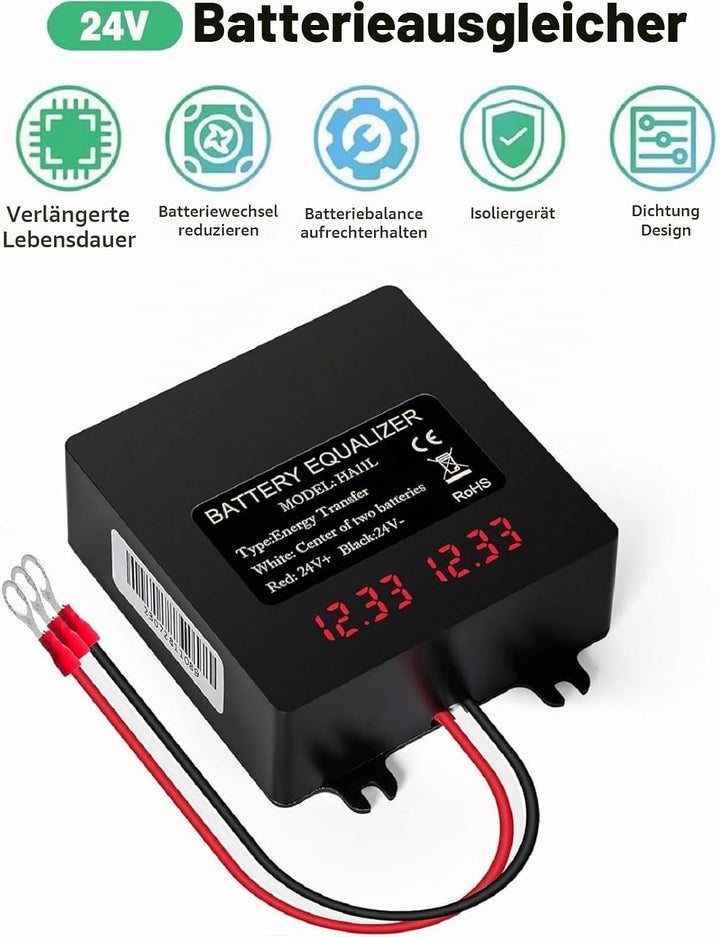 DEWIN Batterie-Balancer, Batterie-Equalizer 24V Digitalanzeige 2 x 12V Batterie-Balancer for Blei-Sä
