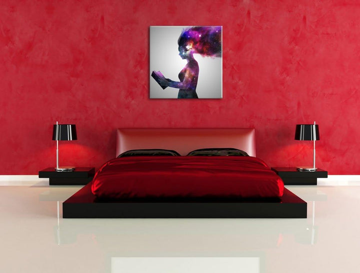 abstrakte Frau mit Buch, Format: 70x70 auf Leinwand, XXL riesige Bilder fertig gerahmt mit Keilrahme