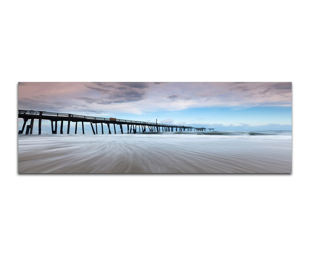 Paul Sinus Art Panoramabild auf Leinwand und Keilrahmen 150x50cm Strand Meer Wellen Sturm Steg Wolke