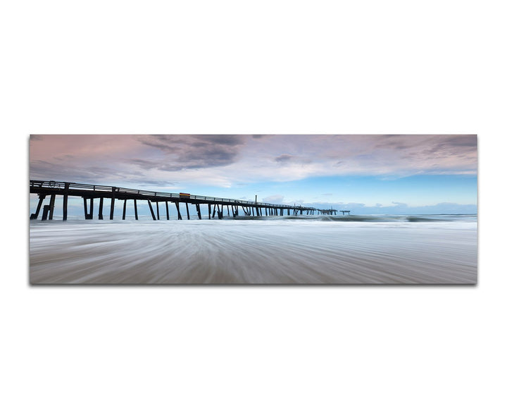 Paul Sinus Art Panoramabild auf Leinwand und Keilrahmen 150x50cm Strand Meer Wellen Sturm Steg Wolke